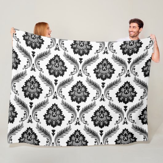 Rococo Damast Patroon Grijs Zwart Wit Fleece Deken (In situ)