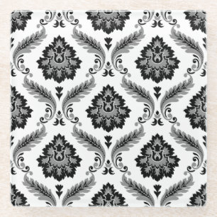 Rococo Damast Patroon Grijs Zwart Wit Glazen Onderzetter