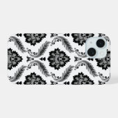 Rococo Damast Patroon Grijs Zwart Wit iPhone 15 Case (Achterkant horizontaal)