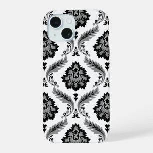 Rococo Damast Patroon Grijs Zwart Wit iPhone 15 Case