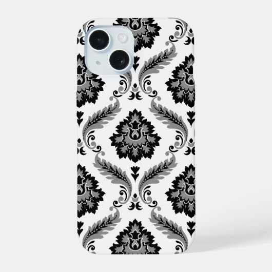 Rococo Damast Patroon Grijs Zwart Wit iPhone 15 Case (Achterkant)