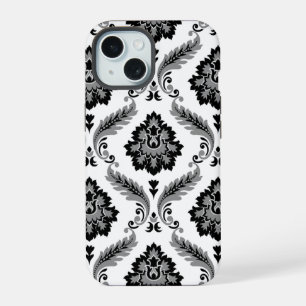 Rococo Damast Patroon Grijs Zwart Wit iPhone 15 Case