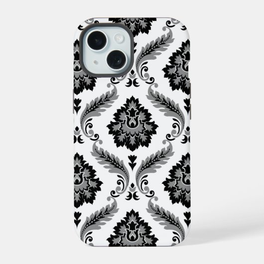 Rococo Damast Patroon Grijs Zwart Wit iPhone 15 Case (Achterkant)