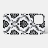 Rococo Damast Patroon Grijs Zwart Wit iPhone Hoesje (Achterkant horizontaal)