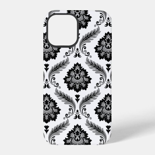 Rococo Damast Patroon Grijs Zwart Wit iPhone Hoesje (Achterkant)