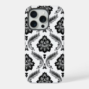 Rococo Damast Patroon Grijs Zwart Wit iPhone 15 Pro Case