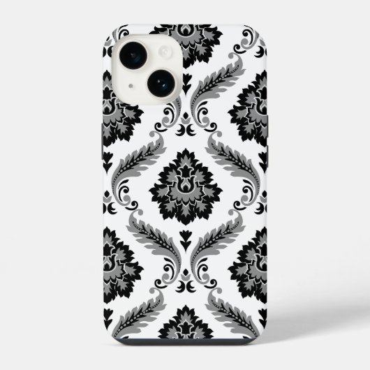 Rococo Damast Patroon Grijs Zwart Wit iPhone Hoesje (Achterkant)