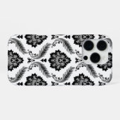 Rococo Damast Patroon Grijs Zwart Wit iPhone Hoesje (Achterkant horizontaal)