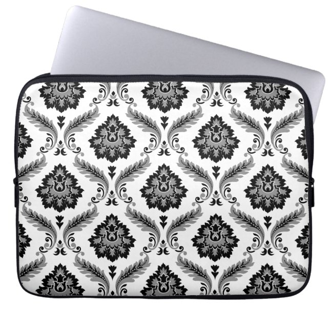 Rococo Damast Patroon Grijs Zwart Wit Laptop Sleeve (Voorkant)
