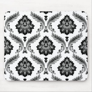 Rococo Damast Patroon Grijs Zwart Wit Muismat