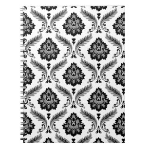 Rococo Damast Patroon Grijs Zwart Wit Notitieboek