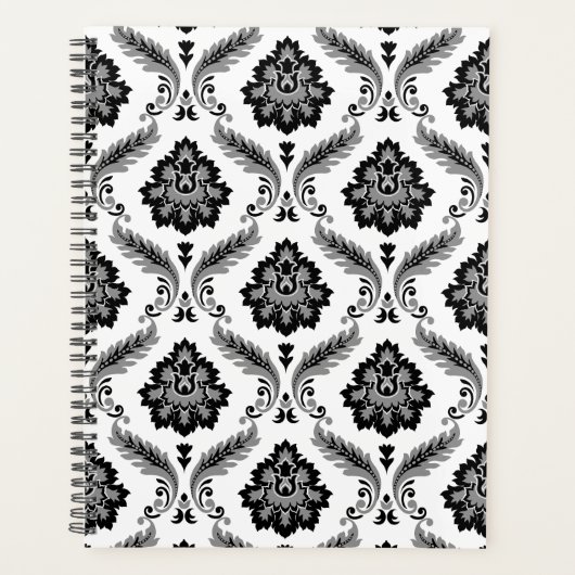 Rococo Damast Patroon Grijs Zwart Wit Planner (Voorkant)