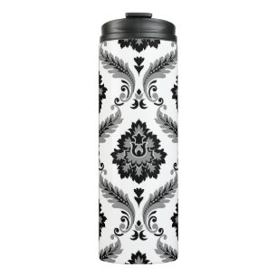 Rococo Damast Patroon Grijs Zwart Wit Thermosbeker