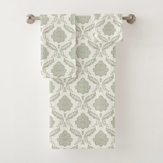 Rococo Damast Patroon Groen op Crème Bad Handdoek (Insitu)