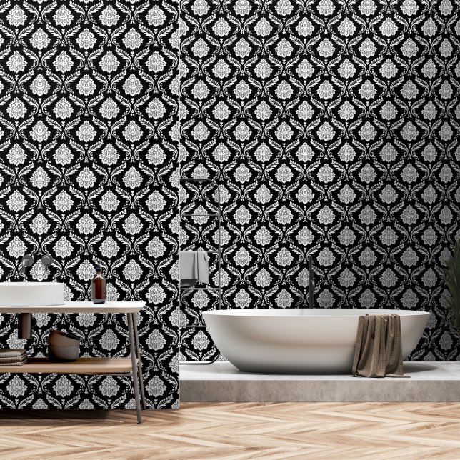 Rococo Damast Patroon Wit op Zwart Behang (Badkamer)