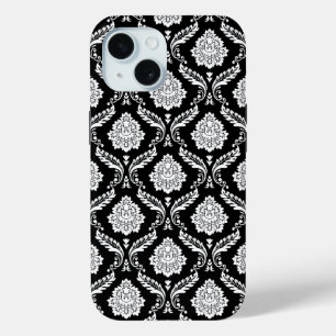 Rococo Damast Patroon Wit op Zwart iPhone 15 Case