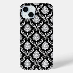 Rococo Damast Patroon Wit op Zwart iPhone 15 Mini Hoesje