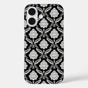 Rococo Damast Patroon Wit op Zwart iPhone 16 Hoesje