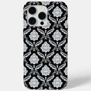 Rococo Damast Patroon Wit op Zwart iPhone 15 Pro Max Hoesje