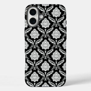 Rococo Damast Patroon Wit op Zwart iPhone 16 Plus Hoesje