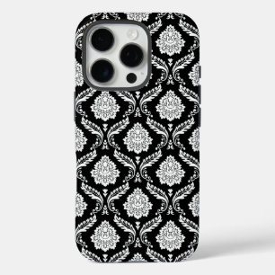 Rococo Damast Patroon Wit op Zwart iPhone 16 Pro Hoesje