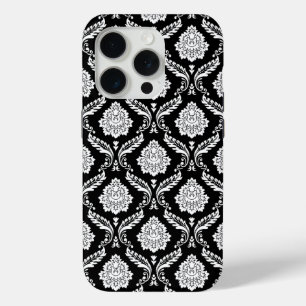 Rococo Damast Patroon Wit op Zwart iPhone 15 Pro Case