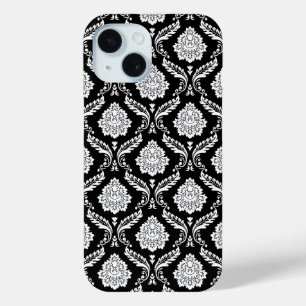 Rococo Damast Patroon Wit op Zwart iPhone 15 Case