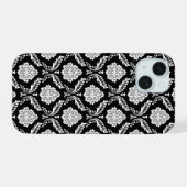 Rococo Damast Patroon Wit op Zwart iPhone 15 Case (Achterkant horizontaal)