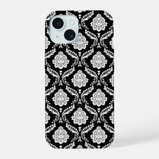 Rococo Damast Patroon Wit op Zwart iPhone 15 Case (Achterkant)