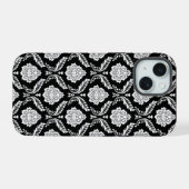 Rococo Damast Patroon Wit op Zwart iPhone 15 Case (Achterkant horizontaal)