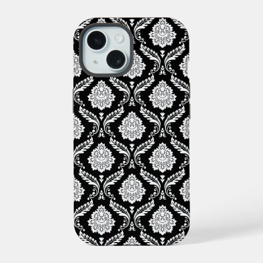 Rococo Damast Patroon Wit op Zwart iPhone 15 Case (Achterkant)