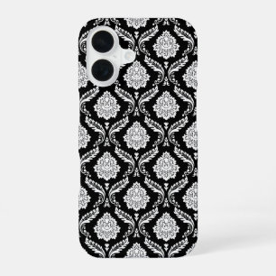 Rococo Damast Patroon Wit op Zwart  iPhone 16 Hoesje