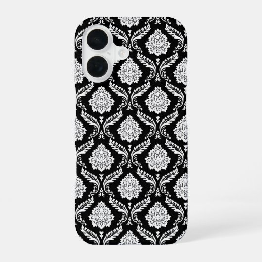 Rococo Damast Patroon Wit op Zwart iPhone 16 Hoesje (Achterkant)
