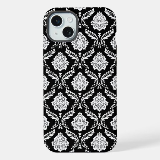Rococo Damast Patroon Wit op Zwart iPhone Hoesje (Achterkant)