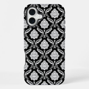 Rococo Damast Patroon Wit op Zwart  iPhone 16 Plus Hoesje