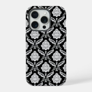 Rococo Damast Patroon Wit op Zwart  iPhone 15 Pro Case