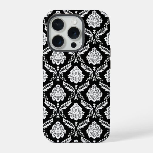 Rococo Damast Patroon Wit op Zwart iPhone Hoesje (Achterkant)