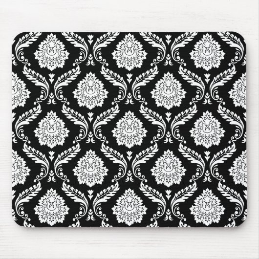 Rococo Damast Patroon Wit op Zwart Muismat (Voorkant)