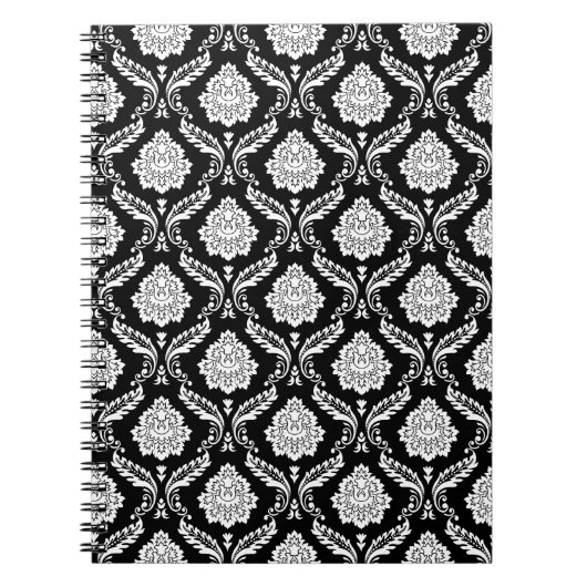 Rococo Damast Patroon Wit op Zwart Notitieboek (Voorkant)