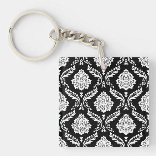 Rococo Damast Patroon Wit op Zwart Sleutelhanger (Voorkant)