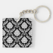 Rococo Damast Patroon Wit op Zwart Sleutelhanger (Achterkant)