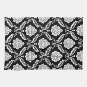 Rococo Damast Patroon Wit op Zwart Theedoek (Horizontaal)
