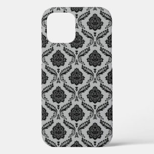 Rococo Damast Patroon Zwart op Grijs Case-Mate iPhone Case