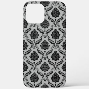Rococo Damast Patroon Zwart op Grijs Case-Mate iPhone Case