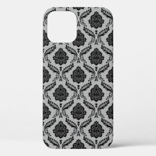 Rococo Damast Patroon Zwart op Grijs Case-Mate iPhone Case