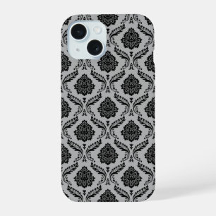 Rococo Damast Patroon Zwart op Grijs iPhone 15 Case