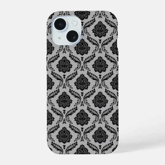 Rococo Damast Patroon Zwart op Grijs iPhone 15 Case (Achterkant)