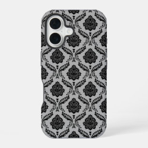 Rococo Damast Patroon Zwart op Grijs iPhone 16 Hoesje