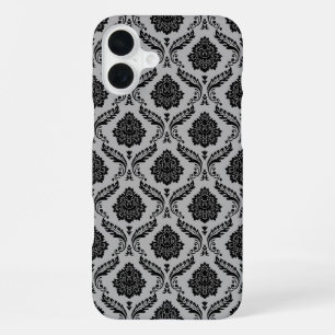 Rococo Damast Patroon Zwart op Grijs iPhone 16 Plus Hoesje