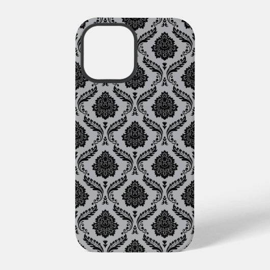 Rococo Damast Patroon Zwart op Grijs iPhone Hoesje (Achterkant)
